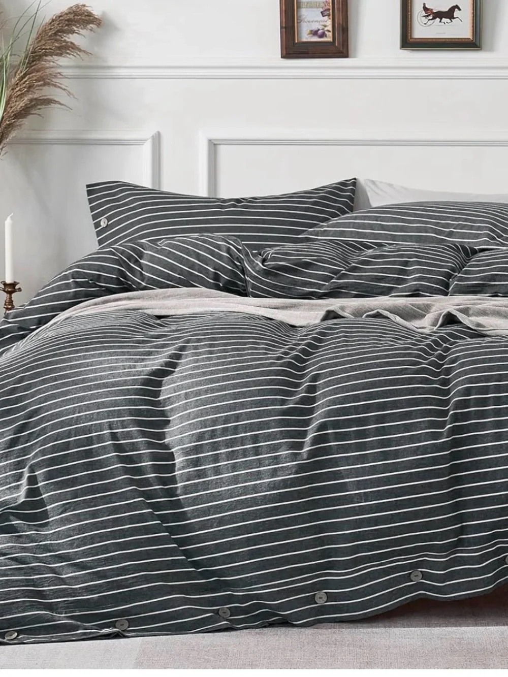 Striped Gray and White Cotton Duvet Cover - Full Size